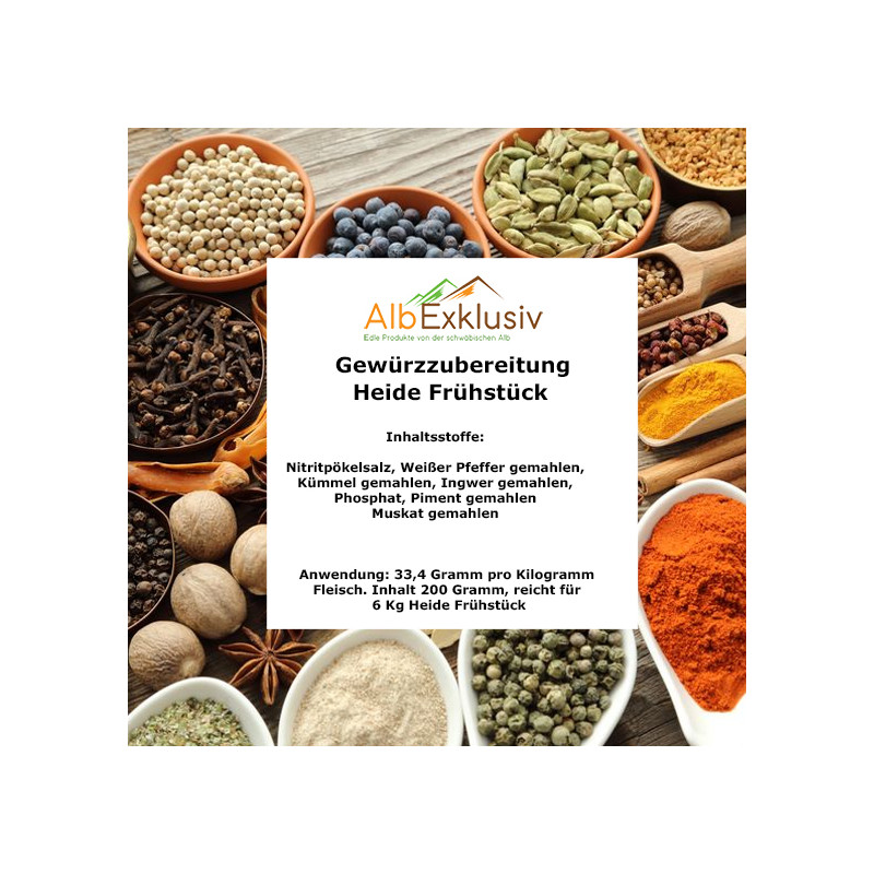 Gewürzzubereitung für Heide Frühstück mit Aspik Pulver von Albexklusiv. Gewürzmischungen reicht für 6 Kilogramm Wurst