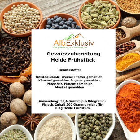Gewürzzubereitung für Heide Frühstück mit Aspik Pulver von Albexklusiv. Gewürzmischungen reicht für 6 Kilogramm Wurst